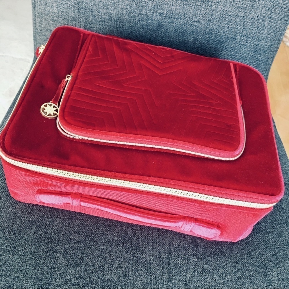 Estée Lauder Zip Around Velvet Travel Makeup Case, Cherry Red, Burgundy, Gold